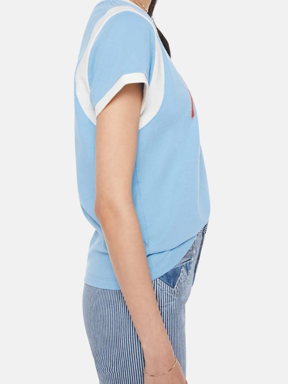 NWT MOTHER The Boxy GoodieInset Tee -Mother Script- L- Baby Blue/Red/White - Picture 2 of 12